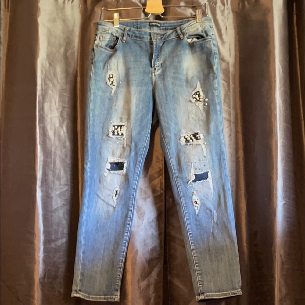 BEBE Distressed rhinestone and pearl jeans 👖